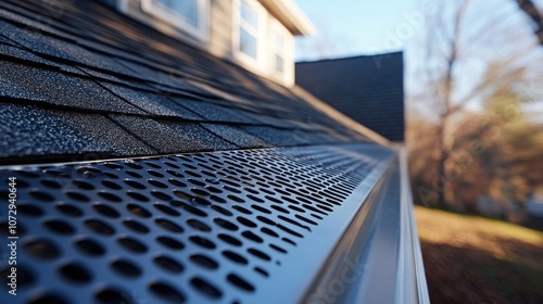 A close-up of a gutter guard installed on a roof, showcasing its textured surface and perforations designed to keep leaves and debris out.