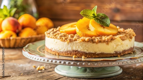 A delicate cheesecake with a buttery crumble crust topped with fresh peach slices and a sprig of mint, displayed on a vintage cake stand