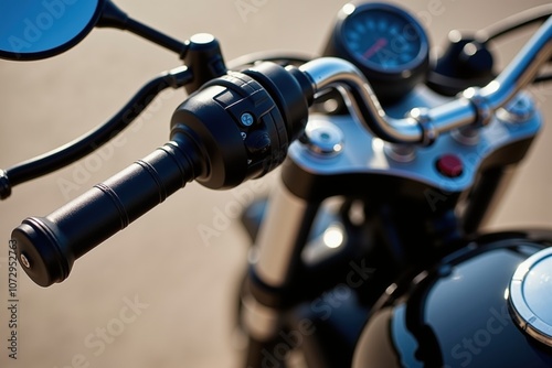 Close-up of motorcycle handlebar and dashboard in sunlight