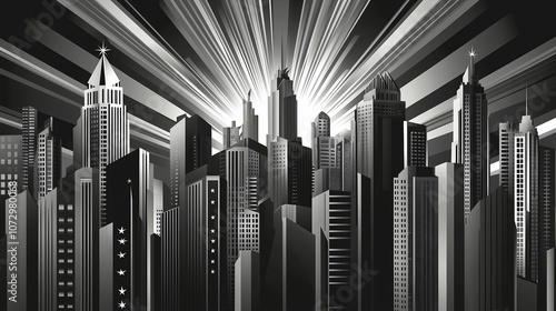 Deco Skyline with Starburst and Linear Patterns