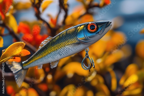 Fishing lure hanging in front of orange leaves and blue background