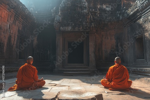 Buddhist monks meditating inside angkor wat temple in cambodia