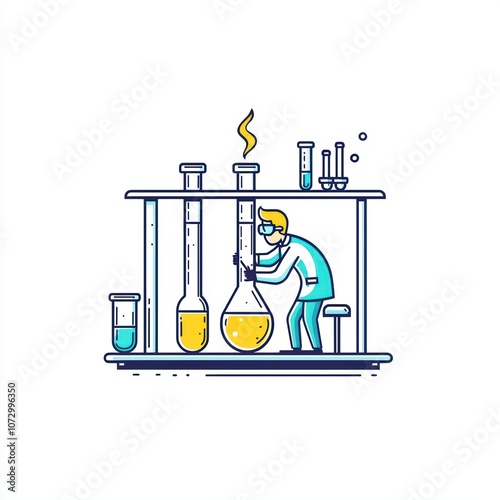 Scientist in a laboratory conducting experiments with colorful liquids and glassware.