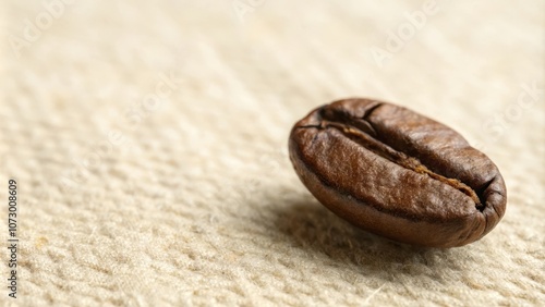 A single roasted coffee bean resting on a textured surface, its rich brown color and subtle sheen hinting at the aromatic brew it could become.