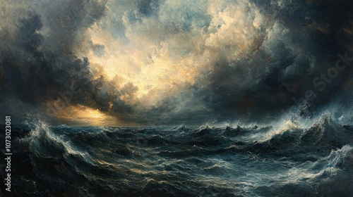 A dramatic seascape painting with a stormy sky and rough waves, the sun breaks through the clouds, casting a golden glow on the water.