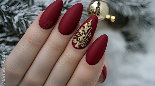 Elegant nails with matte red polish and gold Christmas tree design on the ring finger, shown holding a small holiday ornament with a wintery backdrop