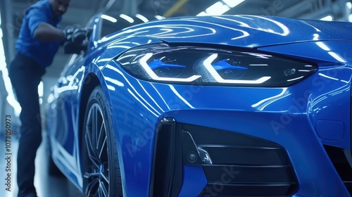 Vibrant blue car undergoing professional painting process in modern auto paint shop