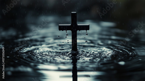 A solitary cross stands in calm water, with rain softly falling and causing droplets to splash, creating gentle ripples that enhance the somber atmosphere.