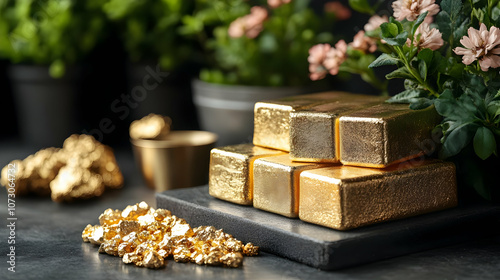 Gold Bars and Nuggets on Black Surface - Realistic Image