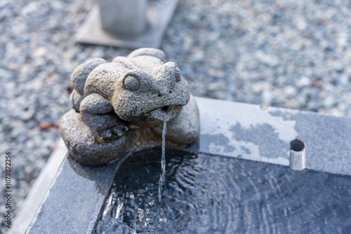 手水舎で水を注いでいる加恵瑠神社のカエル