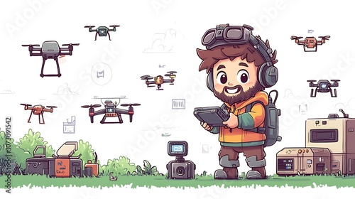 Cheerful Chibi Pilot Testing Drones Outdoors