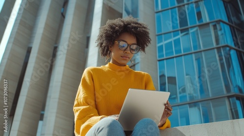 A woman in a yellow sweater is sitting on a ledge with a laptop in front of her