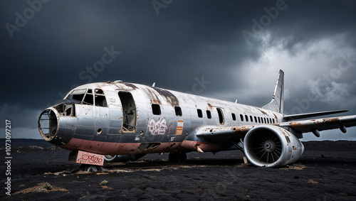 Abandoned airplane fuselage in desolate landscape setting