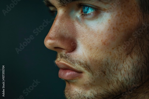 A stylized portrait of a young man with fair skin and blue eyes, showcasing facial details from close up. The image is likely intended for microstock use.