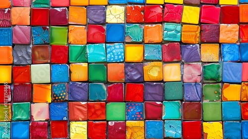 A colorful mosaic wall made of small square tiles of various colors.