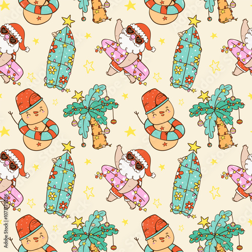 Pattern Seamless Groovy Christsmas Summer Tropical Santa and sandman cartoon doodle isolated on background.