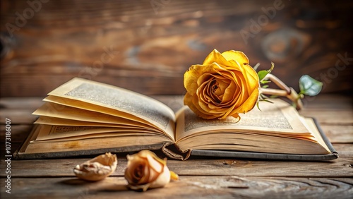 An Old Open Book with Empty Pages and a Dried Yellow Rose: A Calming Reflection of Time and Nature's Beauty