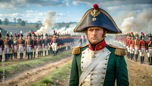 A realistic portrayal of Napoleon Bonaparte in full military uniform, standing in front of a French battlefield with soldiers in the distance