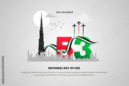 53 National Day of United Arab Emirates. Text Arabic Translation: Our National Day. December 2. Dubai map symbol. Vector Logo