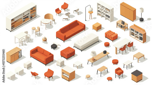 Vector isometric home furniture set. Domestic and office furniture and equipment. Sofas, chairs, armchairs, tables, lamps, cabinets and stools.