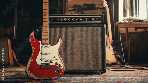 A vintage red electric guitar in front of a guitar amplifier, with another guitar and amplifier in the background.