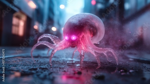 A captivating pink creature with glowing eyes moves energetically along a dark urban street, casting an ethereal glow and inciting curiosity and wonder in passersby.