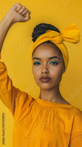 A determined young woman in a yellow headscarf with bold blue eye shadow raises a fist against a plain background, exuding confidence and strength.