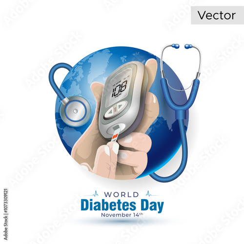 World Diabetes Day awareness concept. Medical helth care. Testing blood sugar with Gluco meter doctor stethoscope and globe vector illustration.