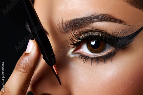 detailed view of applying liquid eyeliner with a winged tip