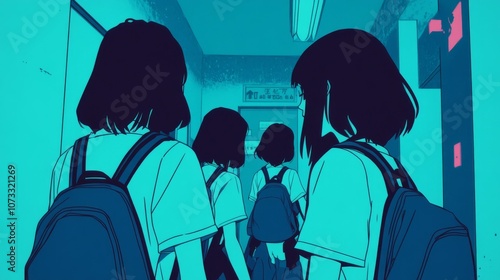 huddle of animated schoolgirls, heads bent in conspiratorial whispers laughter bubbles, backpacks slung casually hallway becomes impromptu stage, showcasing intricate dynamics of adolescent tribes