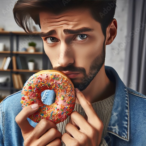 Man holding a donut with a guilty expression as if indulging in