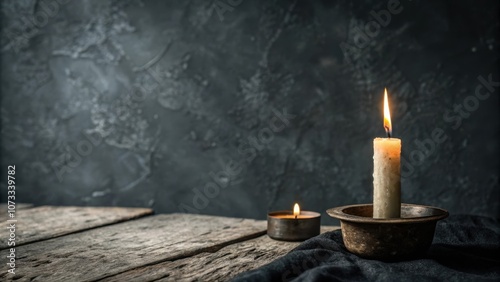 A single candle flame illuminates the darkness of the room, casting a warm glow on the weathered wooden table and fabric below