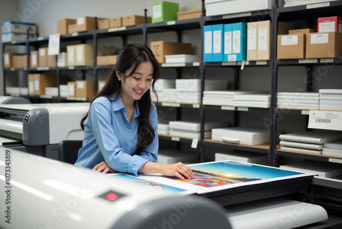 An employee is working in a printing house, operating a large printing machine