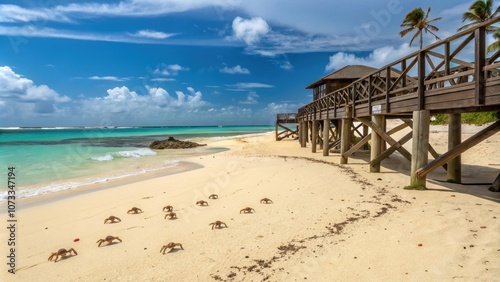 Wooden boardwalk stretches over pristine white sand beach with turquoise waters and a group of crabs scuttling across the shore