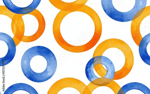 Abstract pastel watercolor circles with yellow and blue hand-drawn rings, playful and artistic pattern on white background