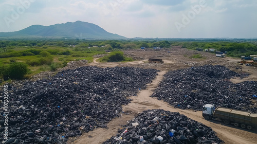 Przytłaczająca ilość czarnych worków plastikowych na wielkim wysypisku, co ilustruje skutki nadmiernej konsumpcji i nieodpowiedniego zarządzania odpadami