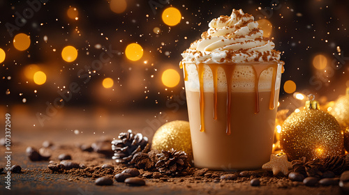 A cup of caramel-flavored coffee frappuccino topped with plenty of whipped cream, served in a glass with a straw, capturing the indulgent sweetness and rich texture of this refreshing iced coffee trea