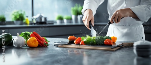 Craft a dynamic, frontal view of a chef chopping colorful vegetables on a sleek, modern kitchen countertop Employ CG 3D for a realistic and eye-catching presentation