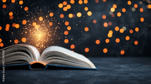 An open book magically illuminating with sparkling lights, representing knowledge and inspiration in a mystical atmosphere.