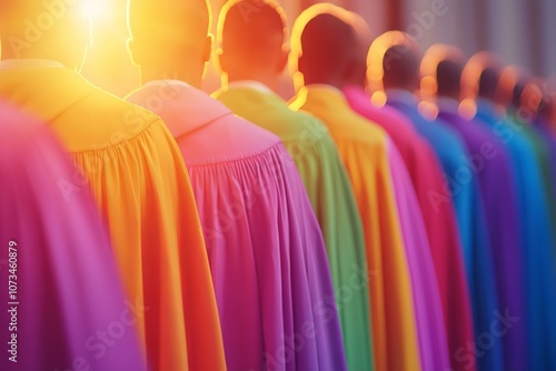 A row of people in colorful robes stand in a line.