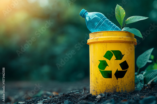 Yellow recycling bin placed in a garden with a plastic bottle and green plant, symbolizing environmental awareness and sustainable living practices for a cleaner future.