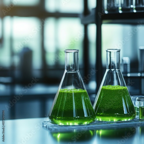 Laboratory beakers with green liquid solution.