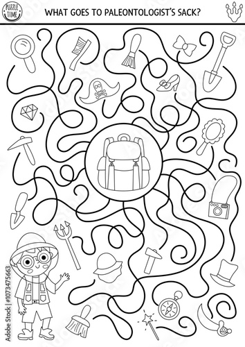 Dinosaur black and white maze for kids with cute paleontologists and his sack. Prehistoric preschool printable line activity with archeologist boy, tools. Dino labyrinth game, coloring page