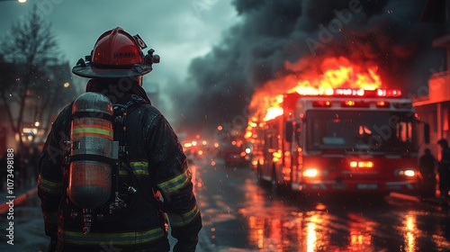 Firefighter confronting a blazing inferno in an urban setting