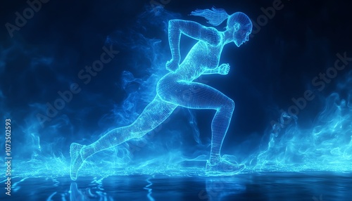 Blue neon wireframe of an athlete running, set against a dark blue background, embodying a futuristic concept for fitness, health care, and sports training, Generative AI