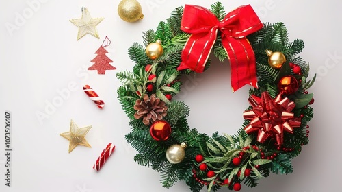 Christmas Wreath Isolated on White Background - a festive and charming visual. The Christmas wreath isolated on the white background creates a simple yet elegant look. It gives the impression of a hol