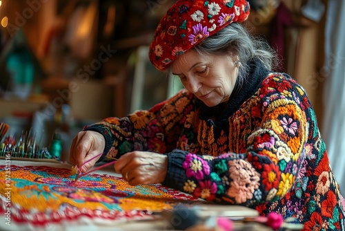 Yiddish embroidery artist stitching folk design