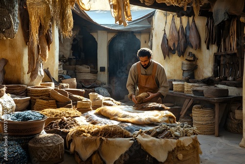 Moroccan leather tanner preparing hide