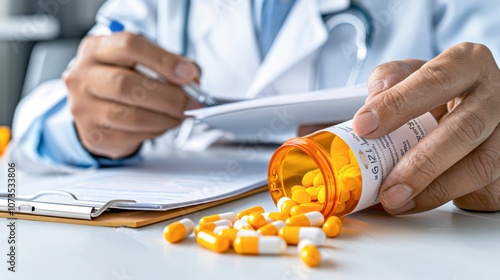 A healthcare professional examines prescription medication, with pills spilled from a bottle on a desk, This image can be used for articles on pharmaceuticals, healthcare practices