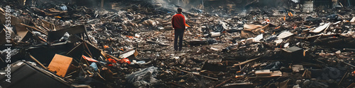 A protestor standing tall amidst the debris of a broken protest, refusing to back down.